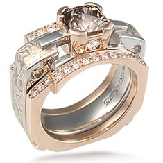 Mokume Falling Water Ring with a Champagne Diamond in a Rose Gold Setting
