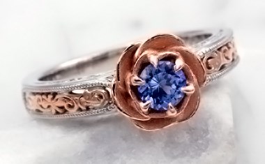 vintage rose engagement ring with blue earth mined sapphire