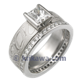 Mokume Princess Solitaire Engagement Ring and Diamond Wedding Band