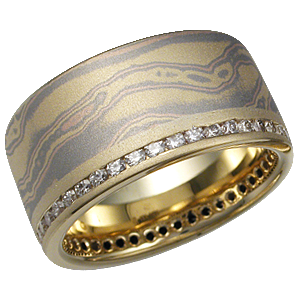 Trigold Mokume Diamond Channel Side Wedding Band