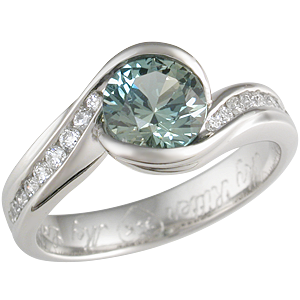 Carved Wave Engagement Ring with Green Sapphire