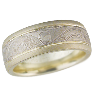 Platinum Mokume Wedding Band with V-Groove