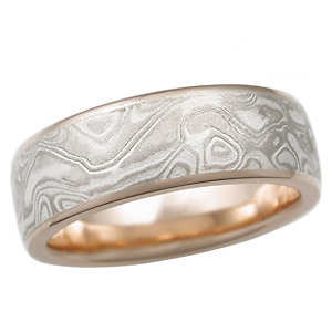 White Mokume Wedding Band with Rose Gold, 6mm