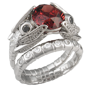 Dragonfly Engagement Ring and Wedding Band with Celestial Compass Cut Garnet