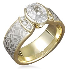 Mokume Engagement Ring with Channel-Set Accents
