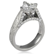Mokume Cathedral Engagement Ring with Diamond Accents