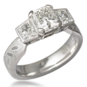 mokume three stone tapered engagement ring