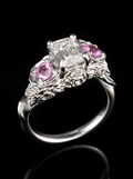 Floral Bouquet Three Stone Engagement Ring with Emerald, Diamond, and Pink Sapphires