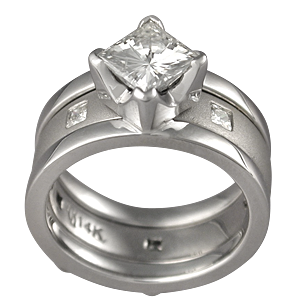 Modern Scaffolding Engagement Ring with Princess Cut Diamond and Plain Band with Princess Diamonds