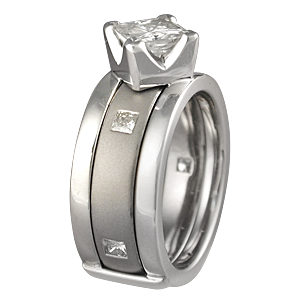 Modern Scaffolding Engagement Ring with Princess Cut Diamond and Plain Band with Princess Diamonds