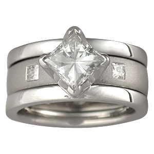 Modern Scaffolding Engagement Ring with Princess Cut Diamond and Plain Band with Princess Diamonds