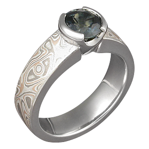 Mokume Solitaire Straight with Tapered Head Engagement Ring with Green Sapphire