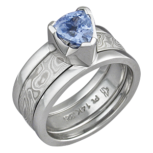 Modern Scaffolding Engagement Ring with Mokume Wedding Band