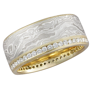Mokume Gane Diamond Channel Side Band with Platinum Mokume and a Yellow Gold Liner