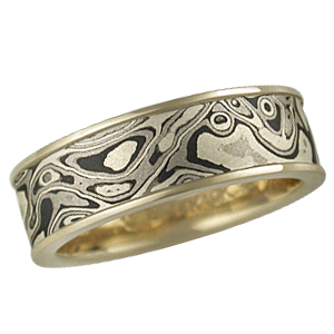 Darkened Winter Mokume Wedding Band with 18K Yellow Gold
