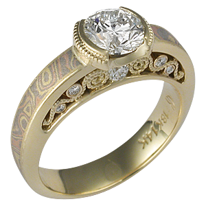 Mokume Curls Engagement Ring with Yellow Gold Liner
