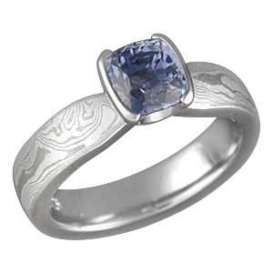 Mokume Solitaire Tapered Engagement Ring with Blue Sapphire