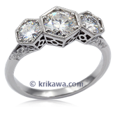 Vintage Three Stone Hex Engagement Ring