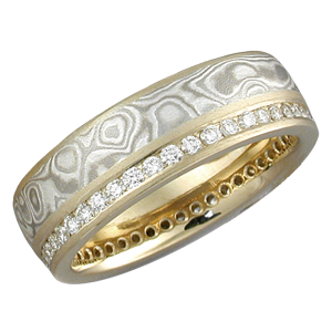 Mokume Diamond Channel Side Wedding Band with Yellow Gold