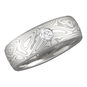White Mokume Band with Diamond