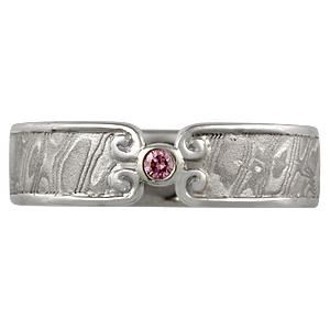 Mokume Wedding Band with Curls with Pink Diamond