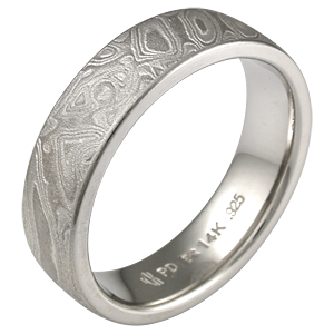 Platinum Mokume Wedding Band with a Heavy Etch