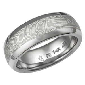 White Mokume Wedding Band with Flush High Polish Edges