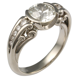 White Gold Carved Curls Engagement Ring