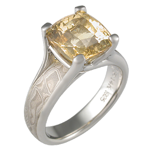Mokume Wing Engagement Ring with Yellow Sapphire