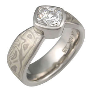 Mokume Solitaire Tapered Engagement Ring with Full Bezel 