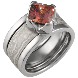 Modern Scaffolding Engagement Ring with Cognac Sapphire and Mokume Wedding Band