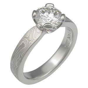 White Mokume Solitaire Tapered Engagement Ring with Custom Prongs