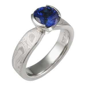 Blue Sapphire Mokume Solitaire Tapered Engagement Ring
