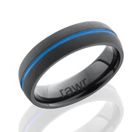 black zirconium wedding band with blue stripe