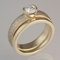 mokume straight solitaire tapered engagement ring and wedding band