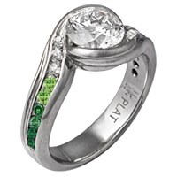 Carved Wave Engagement Ring with Graduating Green Diamonds