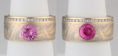 Trigold wedding band with white diamond side channmel and pink sapphire comparison