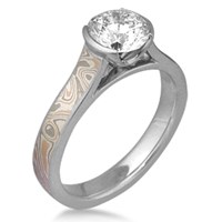 Champagne Mokume Cathedral Engagement Ring with Palladium Liner