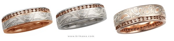 champagne diamonds and rose gold with mokume wedding bands