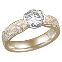 Summer Mokume Solitaire Tapered Engagement Ring with 14k yellow gold