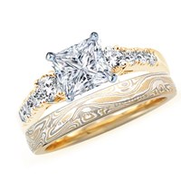 princess cut diamond engagement ring two tone with mokume wedding band