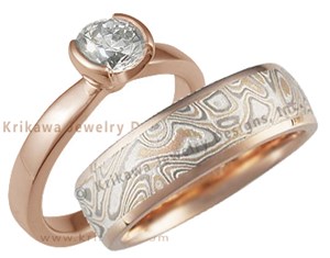 Rose gold solitaire with mokume band