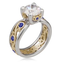 Carved Curls Engagement Ring with Rails and Blue Sapphires