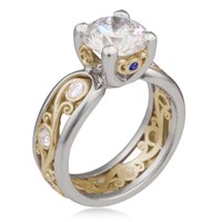 Yellow Gold Carved Curls Engagement Ring with Platinum Rails