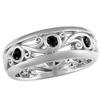 carved curls wedding band with rails and black diamonds