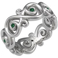 Ornate Infinity Wedding Ring with Green Diamonds White Gold