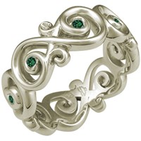Ornate Infinity Wedding Band with Green Diamonds and Green Gold