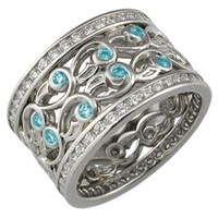 double delicate leaf wedding band with blue zircon