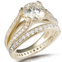 Double Pave Cathedral Engagement Ring with Diamond Channel Wedding Band