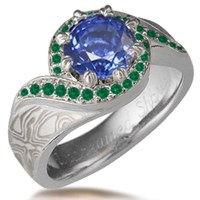 Emerald Pave Swirl Mokume Engagement Ring with Lab Sapphire